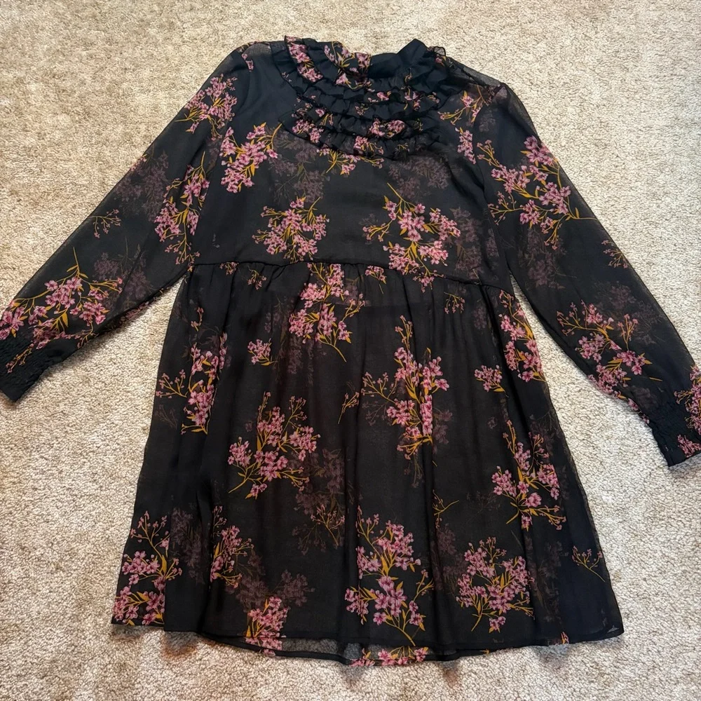 Who What Wear Women's Chiffon Mini Dress Long Sleeve Black Floral Ruffle Trim 2X - Picture 2 of 6